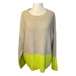 Lush Color Block Sweater Tan Lime Green Chunky Knit Crewneck Long Sleeve M